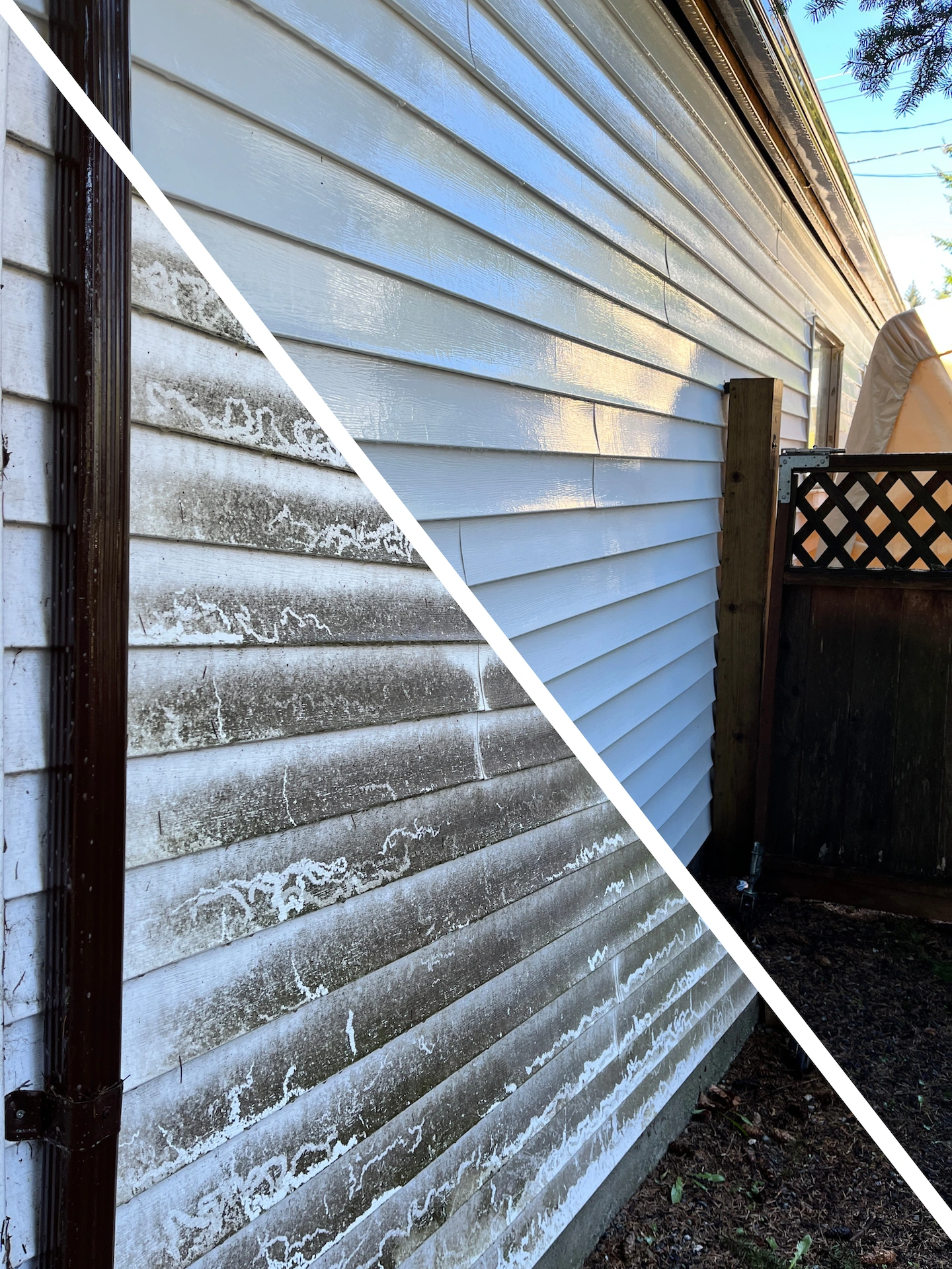 Before and after photo of gutter cleaning by Mr. Sparkle